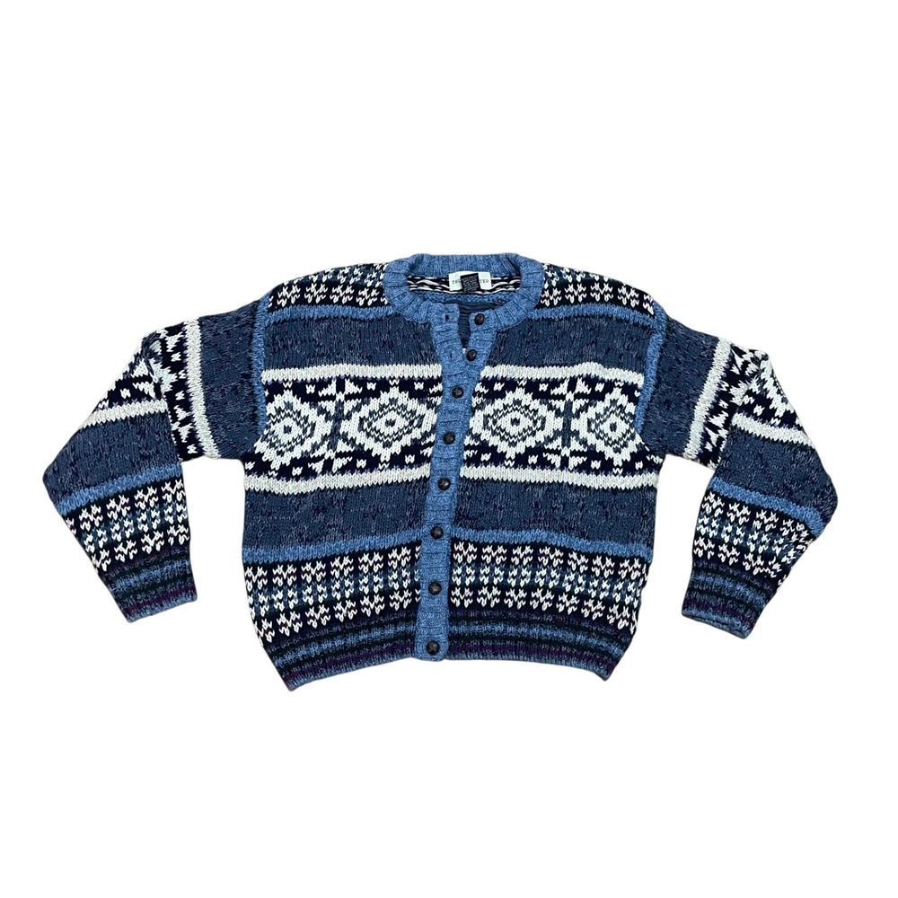 The Limited Vintage Blue Fair Isle Ramie Cotton Chunky Knit Cardigan Women's 14